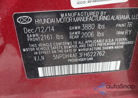 2015 Hyundai Elantra Se из США, поврежденный, VIN 5NPDH4AE3FH622762